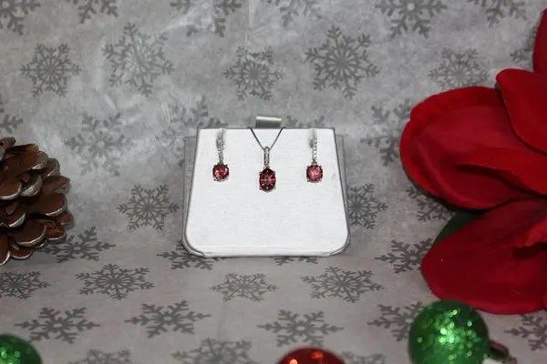 14KT White Gold Garnet Pendant And Earrings Set