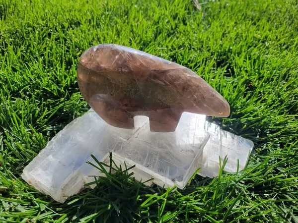 Smoky Quartz And Amethyst On Gypsum Stand