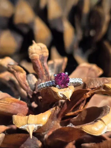 A beautiful Ruby ring featuring the tiniest diamond accent on a Sterling silver band.